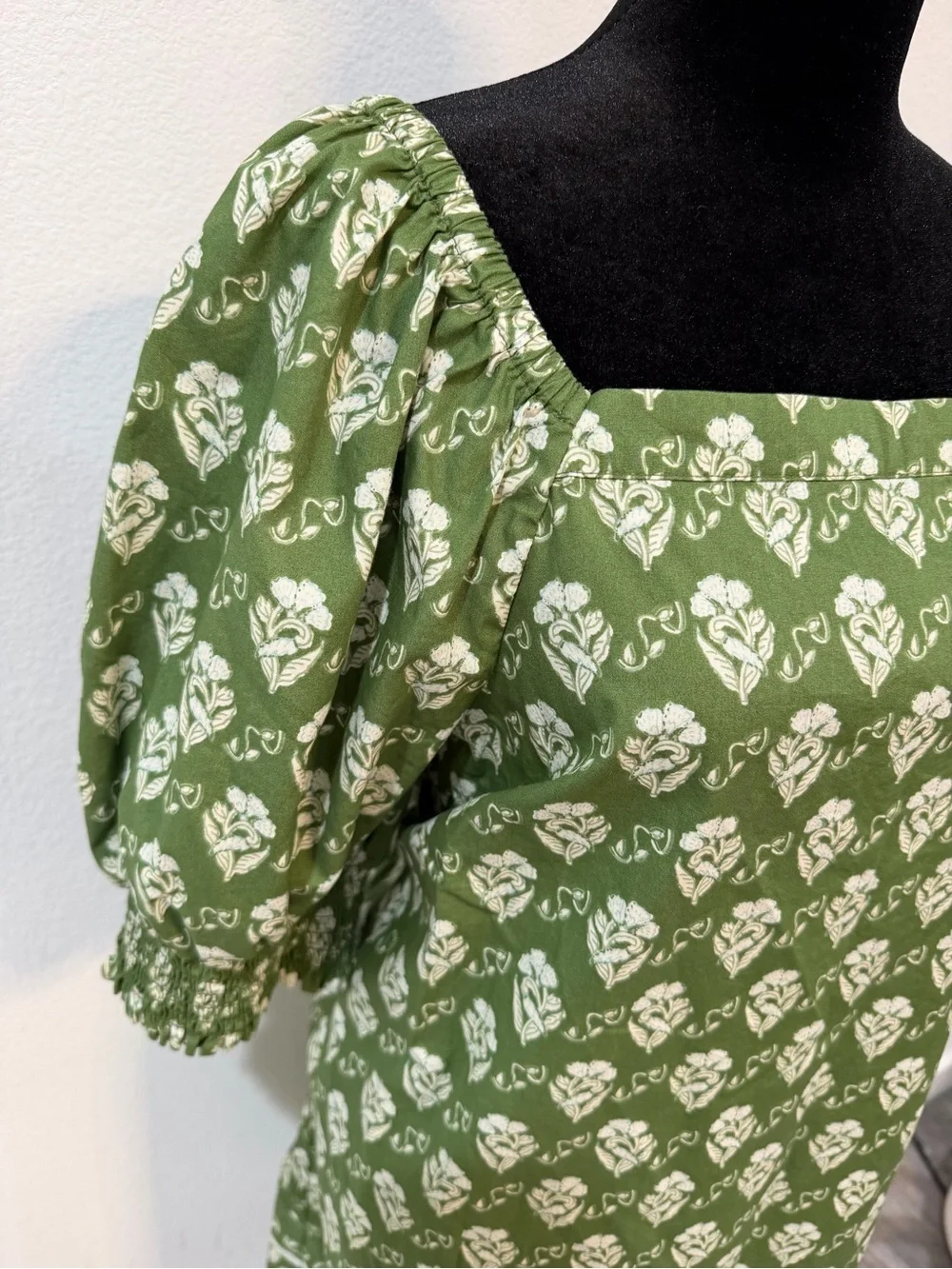 Olive Green Botanical Block Print Cotton Puff Sleeve Shift Dress L Square Neck
